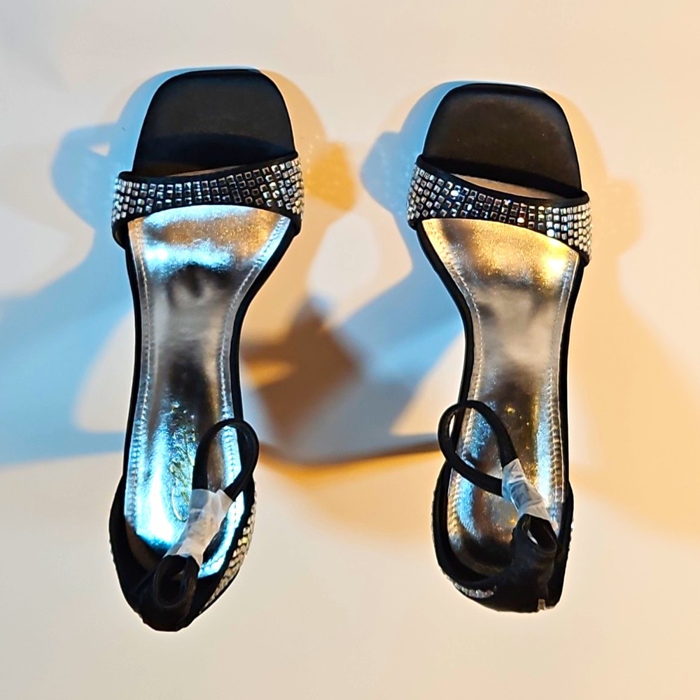 Cathy Din Black Rhinestone Strappy Ankle Strap Open Toe Buckle Heel 7.5